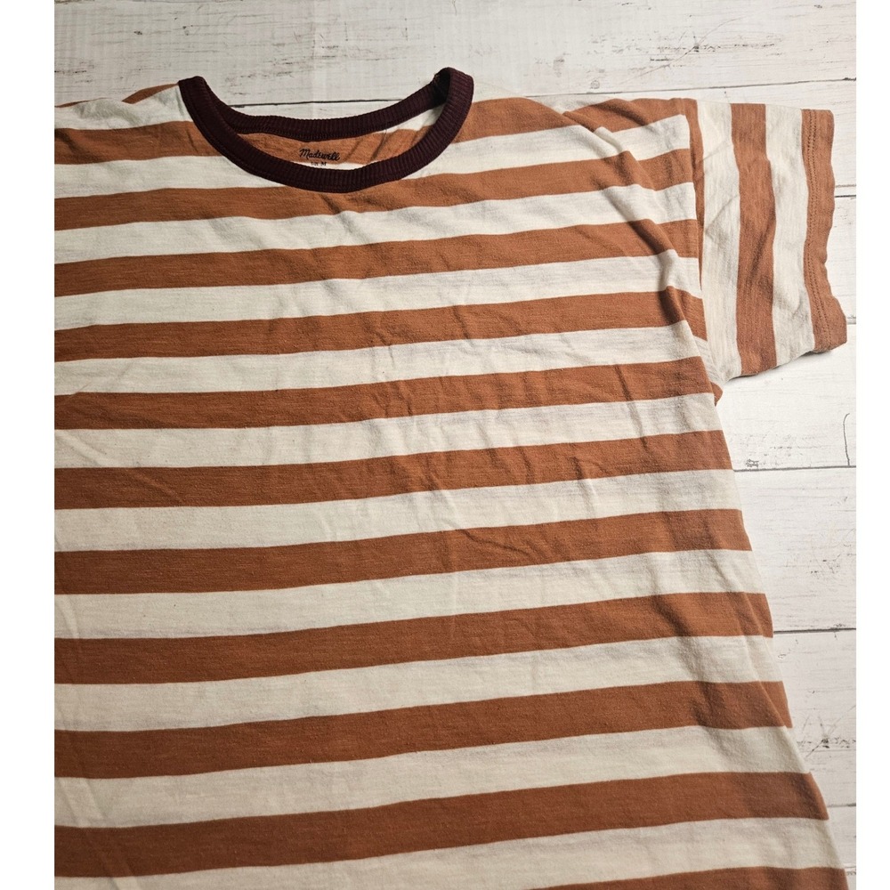 Madewell Women's M Brown Cream Striped Cotton Ringer Tee Burgundy Collar